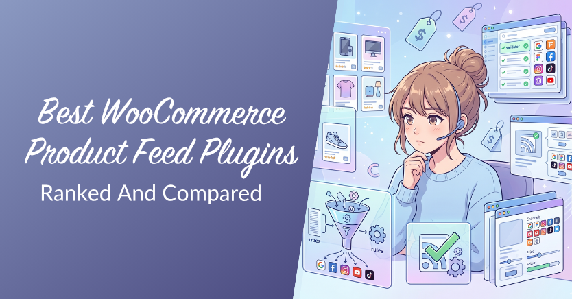Banner for an article: left panel with title 'Best WooCommerce Product Feed Plugins' and a cartoon woman at a computer on the right.