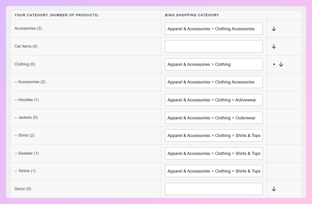 Scheda Category Mapping che abbina le categorie di abbigliamento e accessori WooCommerce con le categorie Bing Shopping