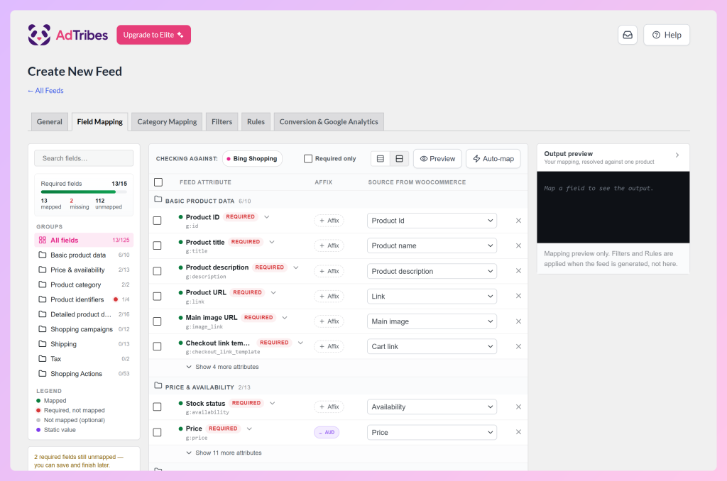 Scheda AdTribes Field Mapping che controlla un feed rispetto a Bing Shopping, con 13 dei 15 campi obbligatori mappati e origini WooCommerce per ogni attributo