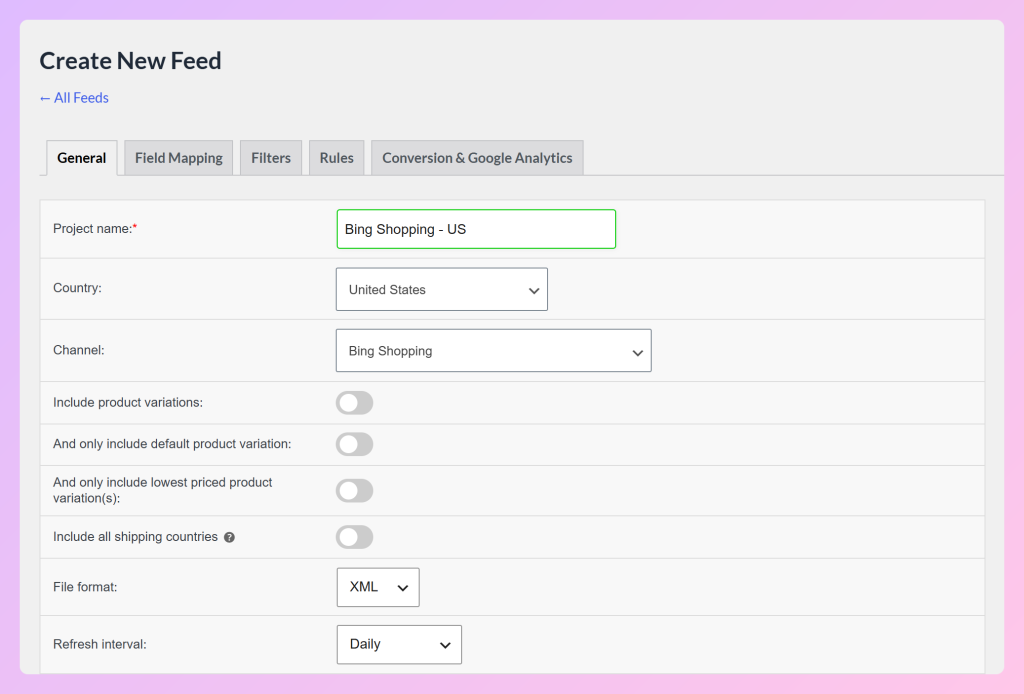 AdTribes Product Feed Pro Scherm Nieuwe feed maken met Bing Shopping geselecteerd als kanaal, Verenigde Staten als land, XML-indeling en een dagelijks vernieuwingsinterval