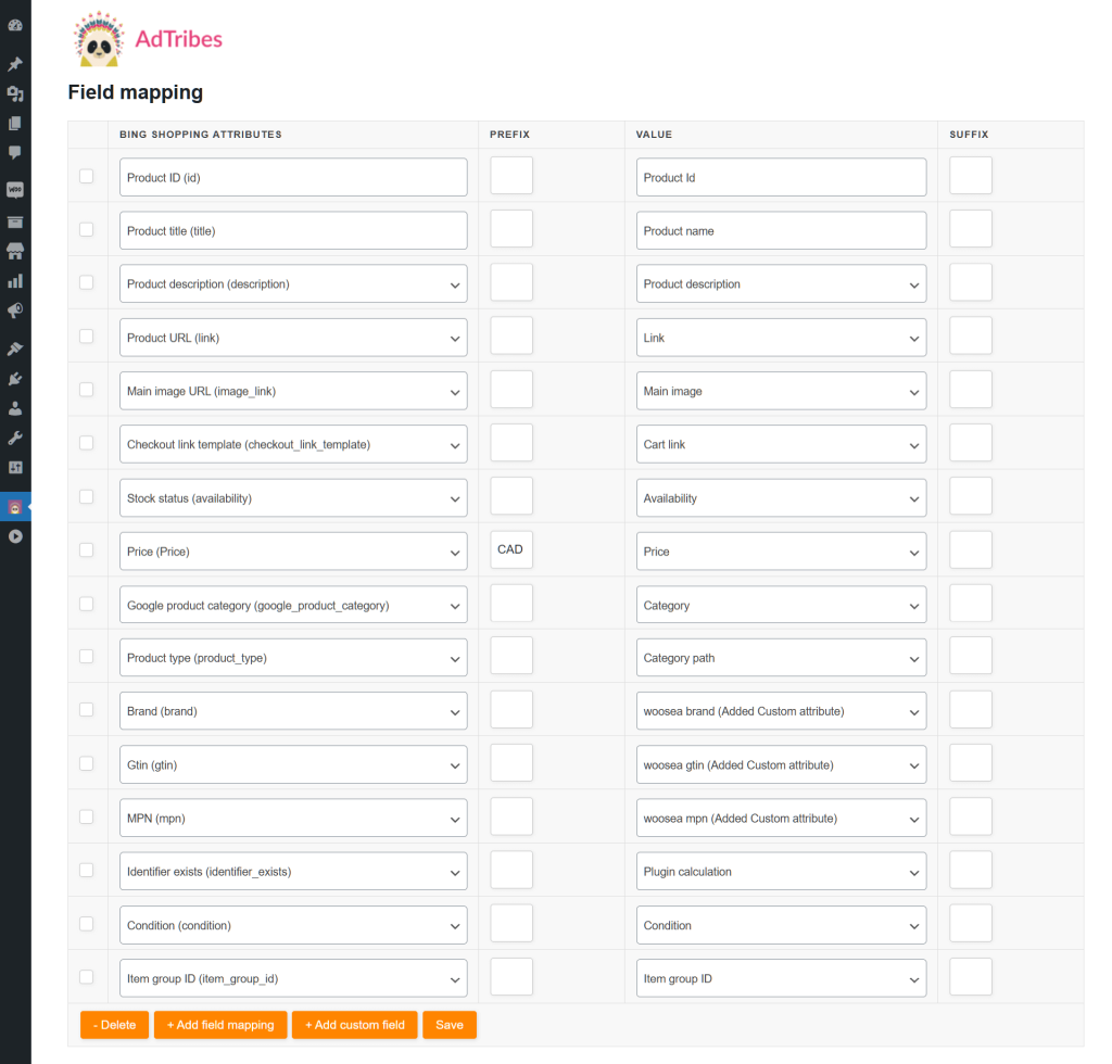 The Bing product feed settings, specifically the field mapping settings