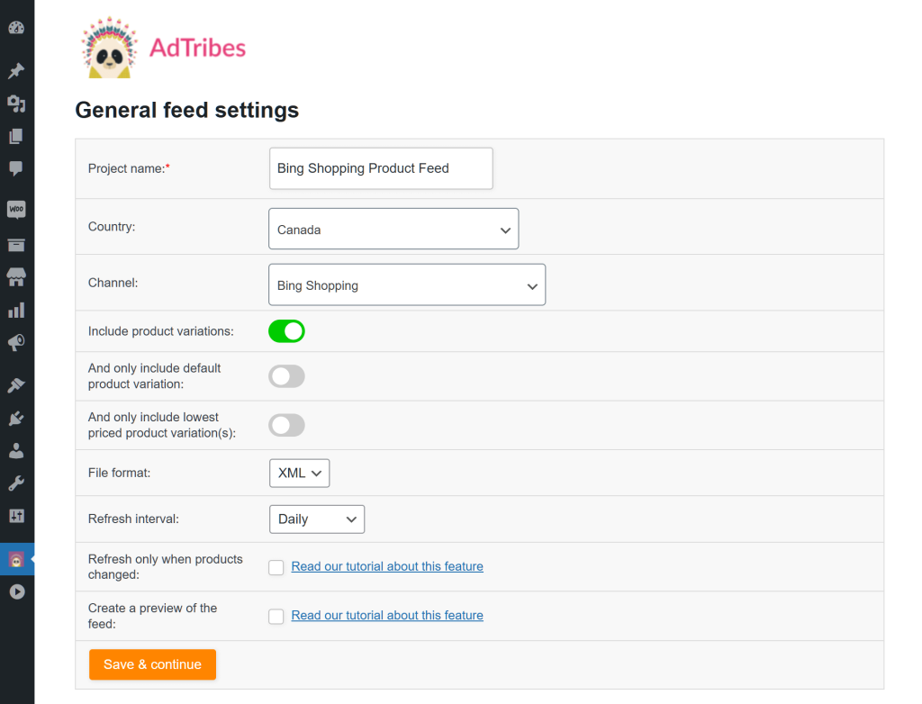 The first page of the Bing Shopping feed settings, showing various product feed creation options enabling users to name their feed, select the target country and channel, and choose the file format