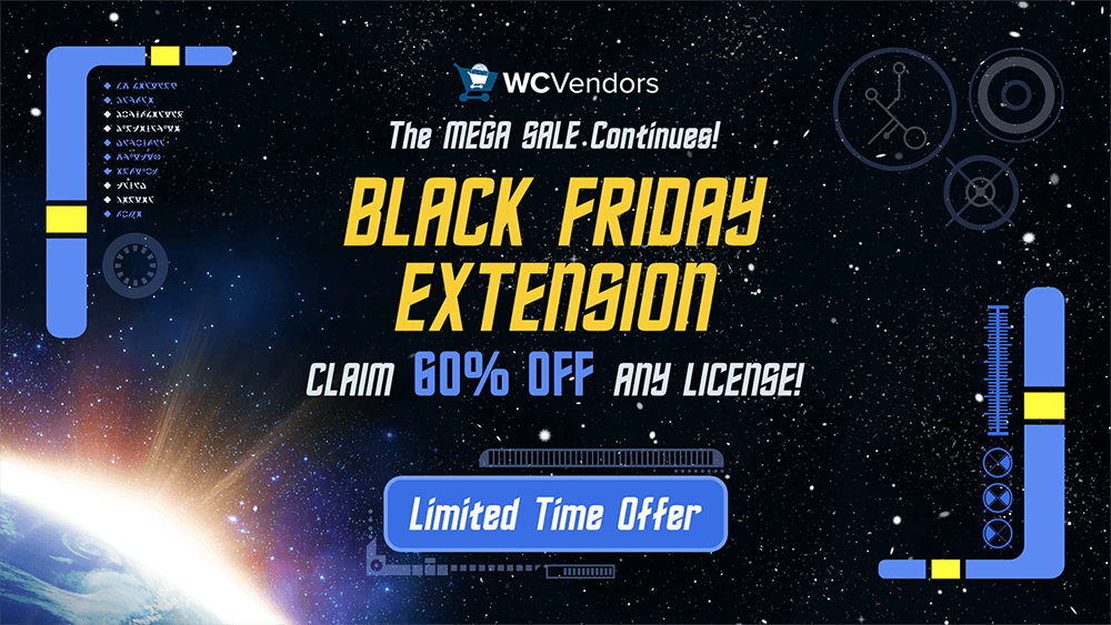 Black Friday graphic including Star Trek-like font, panels, and a starry backdrop