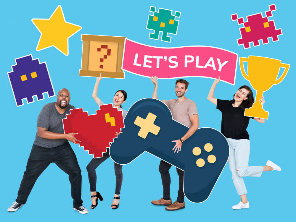 Four people playing with digital items, including a controller, heart, box, and trophy