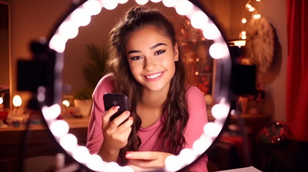 A smiling female influencer in pink holding a smartphone while looking through a ring of lights