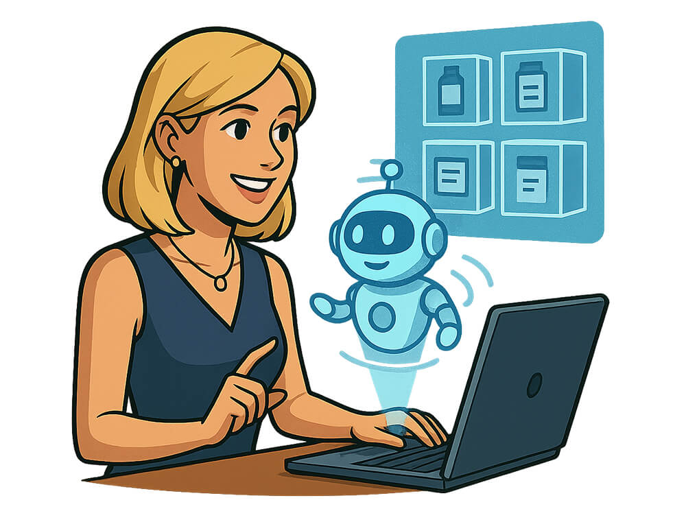 a blond woman using a laptop, from which a holographic robot and four holographic products are emerging