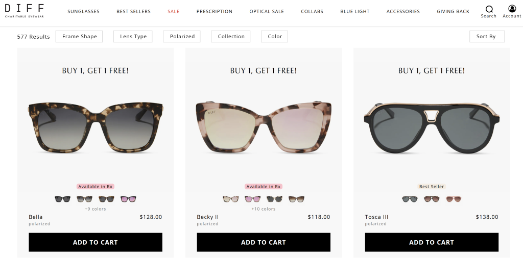 DIFF Eyewear’s online store showing a Buy 1 Get 1 Free promotion applied to sunglasses on the product listing page