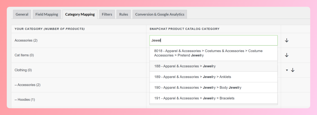 Category mapping for a Snapchat product feed