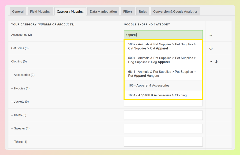AdTribes category mapping for Google Shopping categories