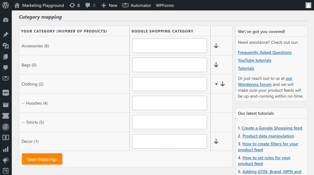 AdTribes' "Category mapping" page, which shows a list of product categories