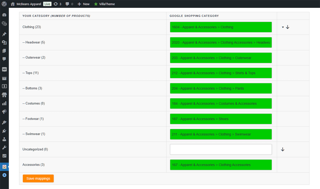 AdTribes Product Feed's category mapping feature, showing WooCommerce categories being mapped to Google Shopping's categories