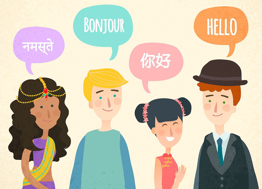 Four cartoon people of different ethnicities saying "hello" in different languages