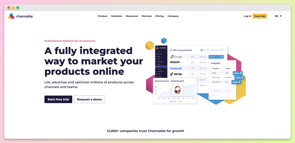 Channable homepage hero showing multichannel ecommerce platform messaging and channel integration visuals