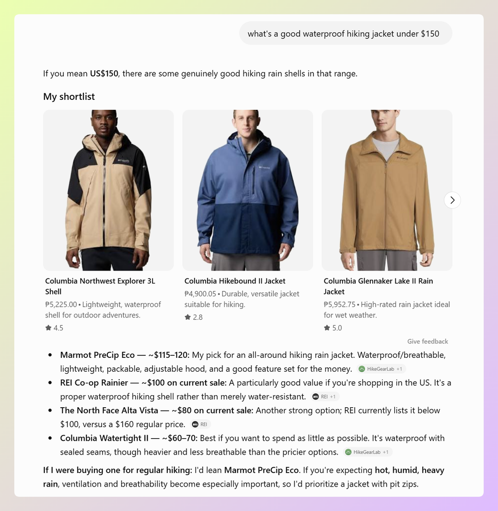 ChatGPT Shopping results showing recommended waterproof hiking jackets with product images, prices, and links