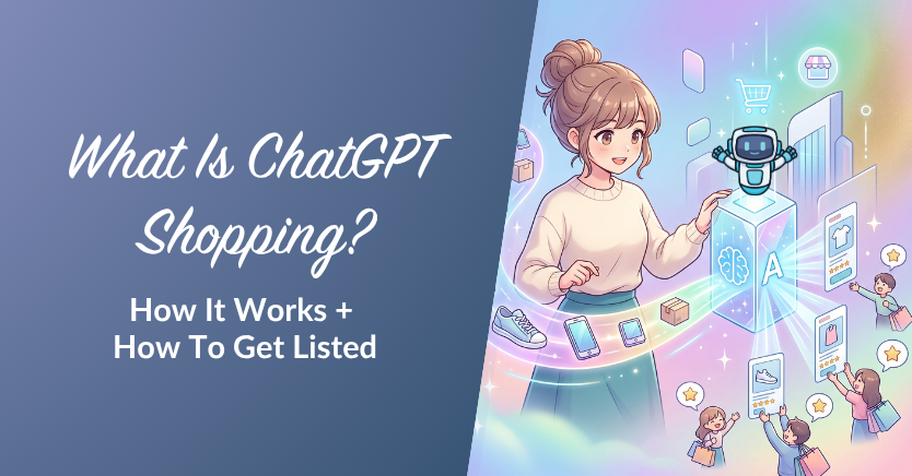 Promotional banner for ChatGPT Shopping with a left-side title and a futuristic shopping scene on the right showing a woman and a friendly robot.