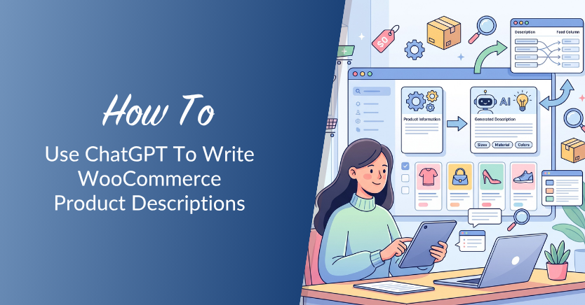 Hero image: left panel shows the title about using ChatGPT to write WooCommerce product descriptions; right side features a person at a desk with laptops planning an online store.
