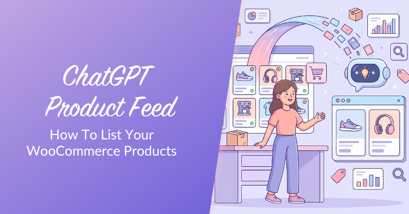 Illustration of a person organizing a WooCommerce product feed on a store dashboard.