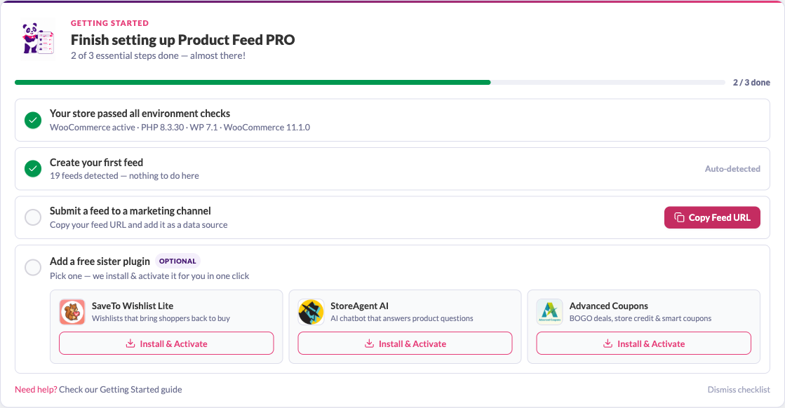 checklist-overview - AdTribes The setup checklist card at the top of the Manage Feeds page, showing 2 of 3 essential steps done and the Submit and Add a free sister plugin steps below