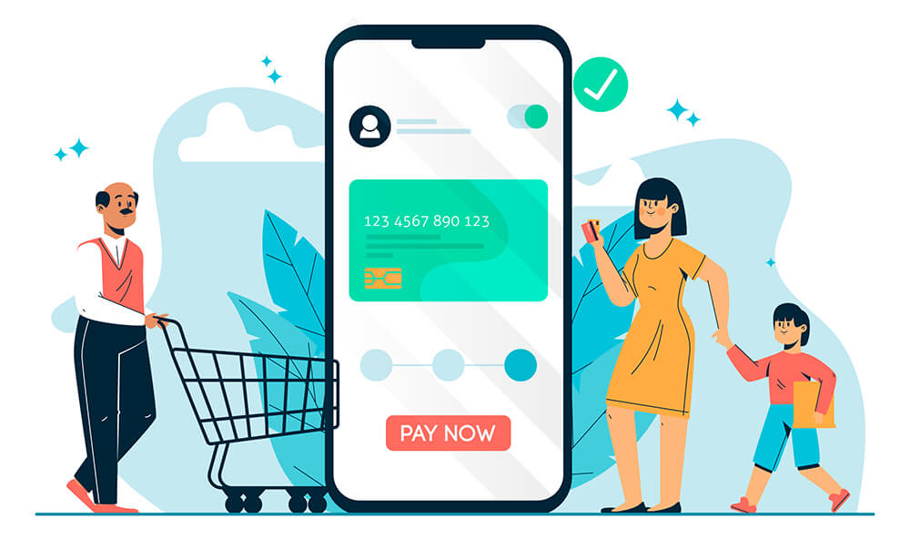 checkout-process-01 - AdTribes A woman holding a child's hand as she looks at a giant mobile phone, while a bald man pushes a shopping cart towards said phone