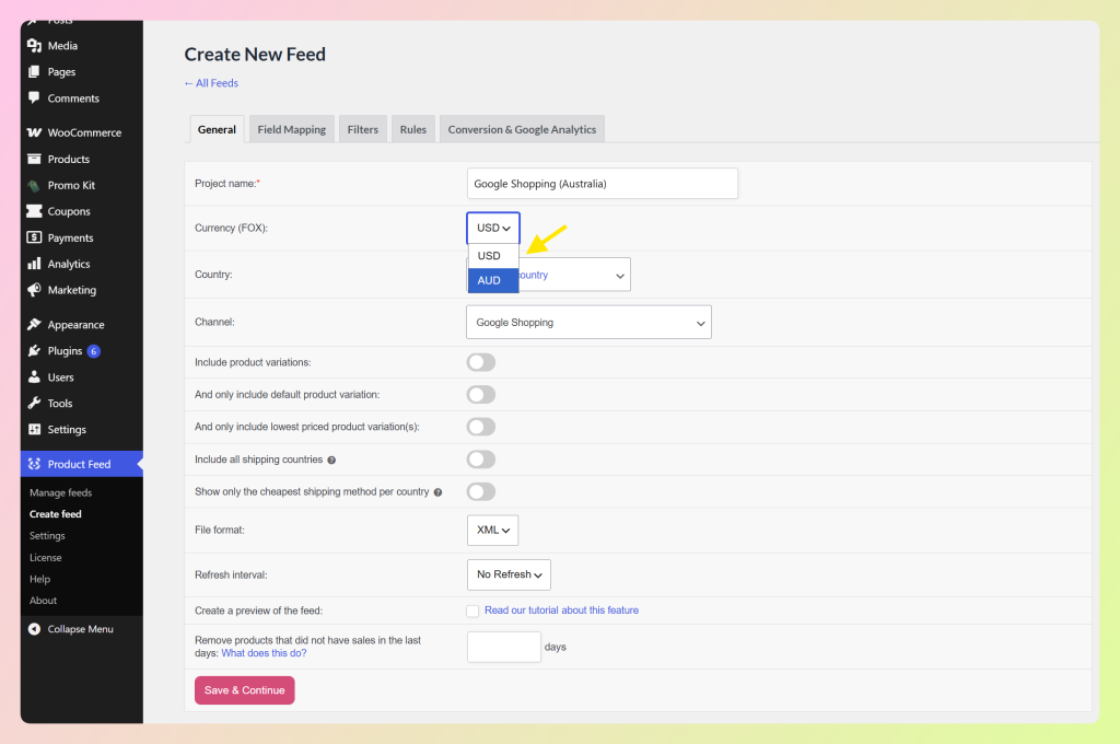 AdTribes Currency (FOX) dropdown with AUD selected