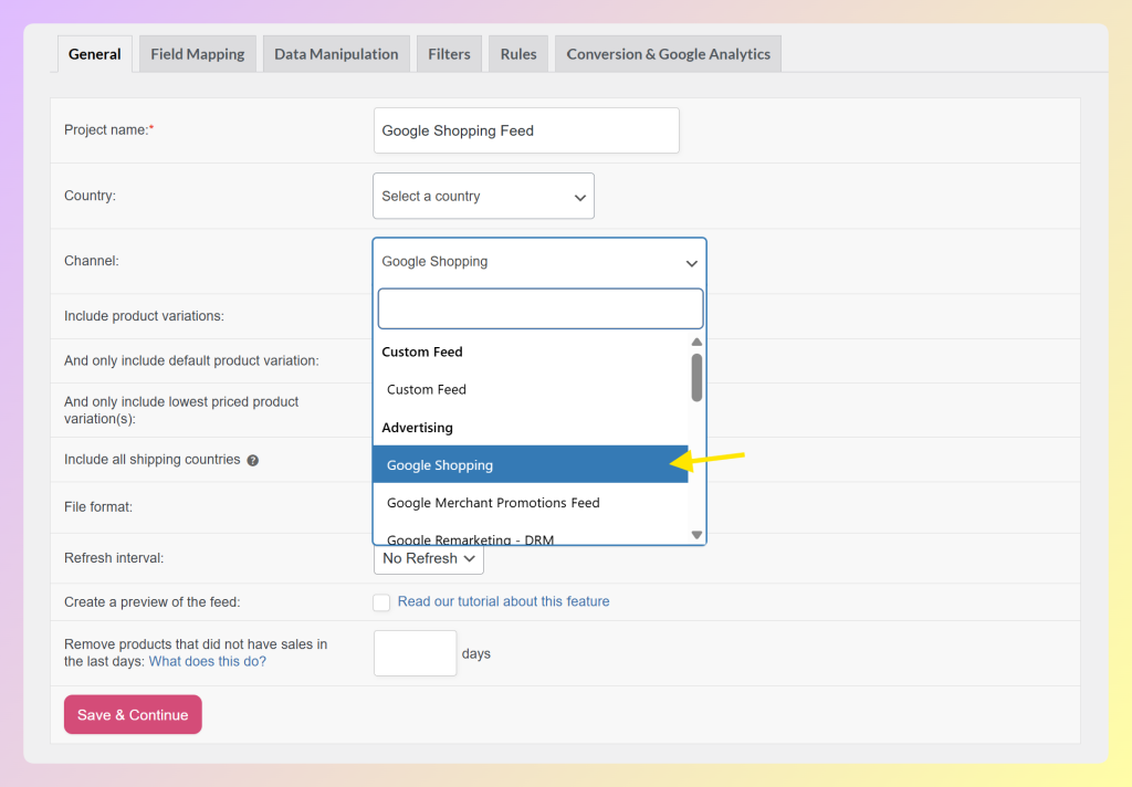 AdTribes Product Feed Pro channel dropdown with Google Shopping selected