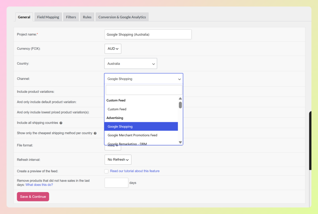 AdTribes feed settings with AUD, Australia, and Google Shopping selected