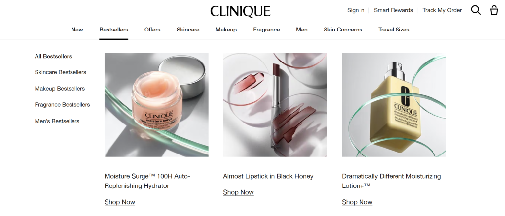 Clinique’s Bestsellers tab showing top product categories and featured items on the homepage