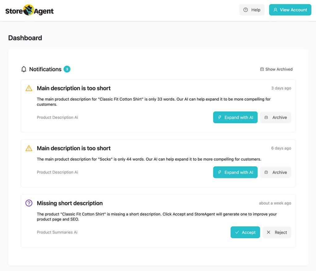 StoreAgent dashboard highlighting short product descriptions and AI-generated improvement suggestions