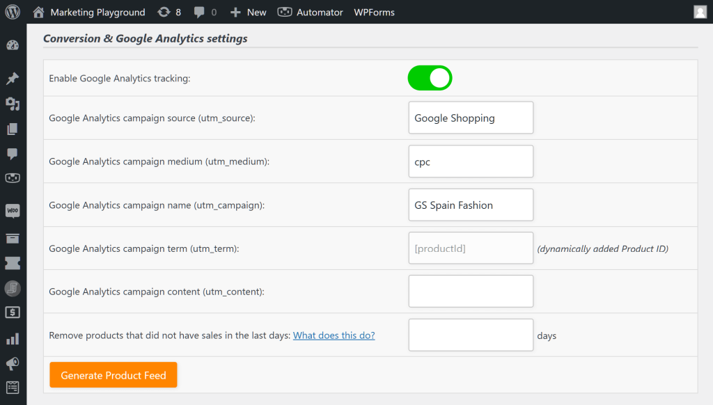 AdTribes' "Conversion & Google Analytics settings" page, which shows a list of options concerning the use of Google Analytics to track the product feed performance