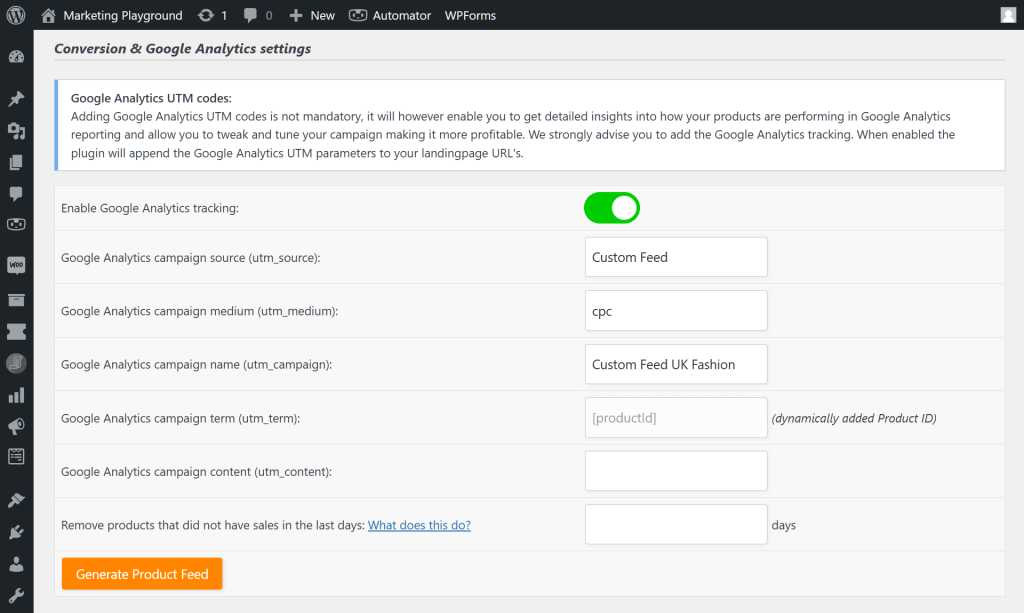 AdTribes' "Conversion & Google Analytics settings" page, which shows a list of options concerning the use of Google Analytics to track the product feed performance