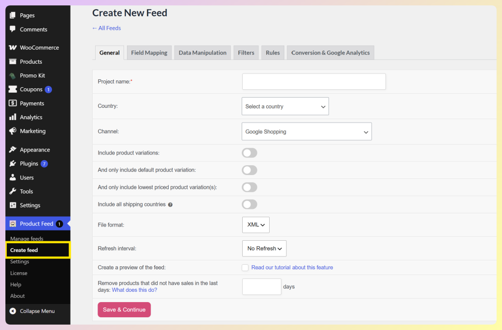 AdTribes Create New Feed screen with General, Field Mapping, Data Manipulation, Filters, Rules, and Conversion tabs