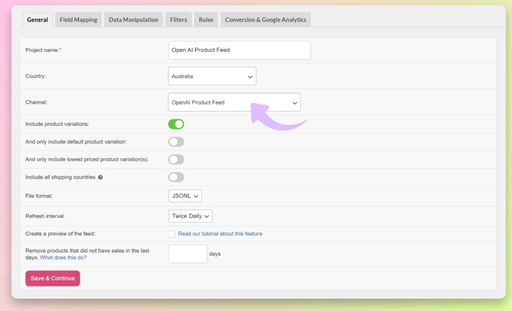 AdTribes feed setup screen with OpenAI Product Feed selected as the channel