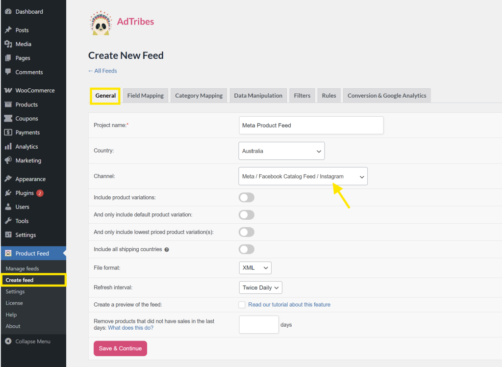 Creating a Meta product feed in AdTribes with Facebook Catalog Feed settings for products and video attributes