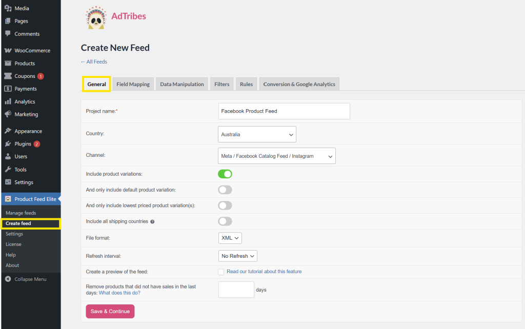 Product feed creation screen  in AdTribes showing the General tab and feed setup options 