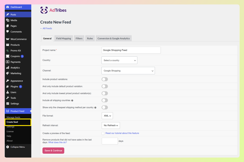 AdTribes Create New Feed screen inside the WordPress dashboard
