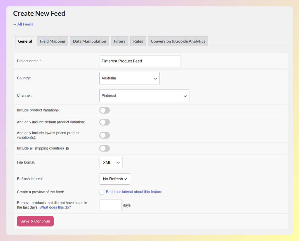 Create New Feed screen with Pinterest selected as the channel