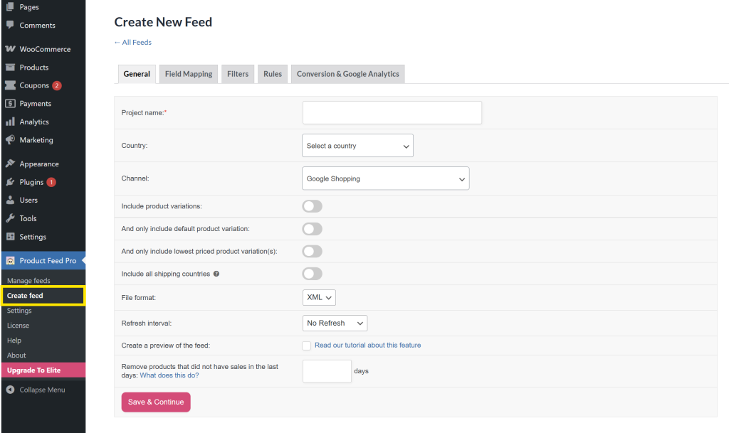 Create New Feed interface in Product Feed Pro plugin