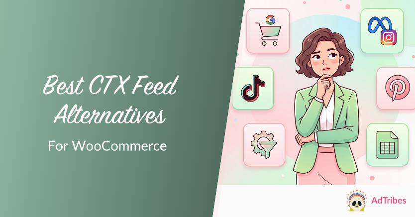 Banner promoting CTX feed alternatives for WooCommerce, showing a thoughtful woman surrounded by colorful app icons on the right.