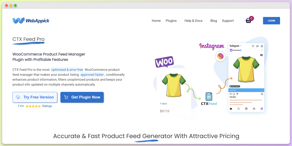 CTX Feed Pro homepage showing WooCommerce product feed manager hero section with free version and plugin purchase buttons
