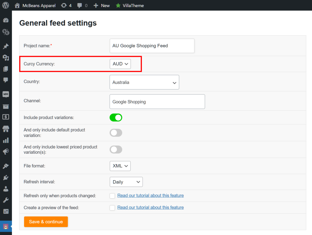 The first page of AdTribes Product Feed Elite's product feed creation process, showing options enabling users to name their product feed, as well as choose their target channel, country, file format, currency, with the last option highlighted in red