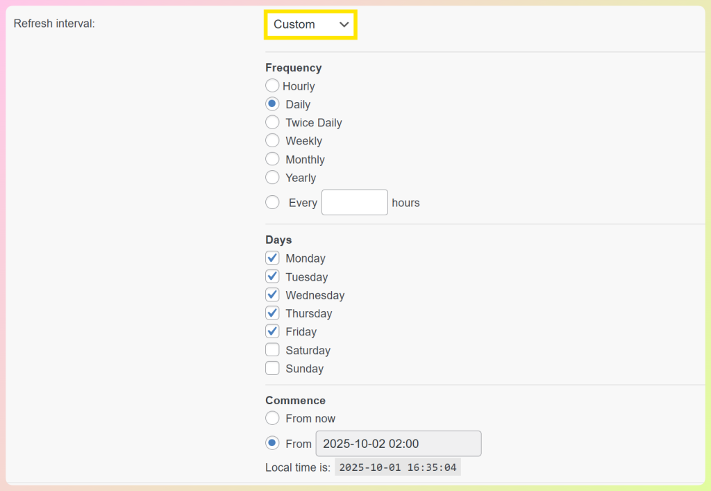 AdTribes feed refresh schedule settings
