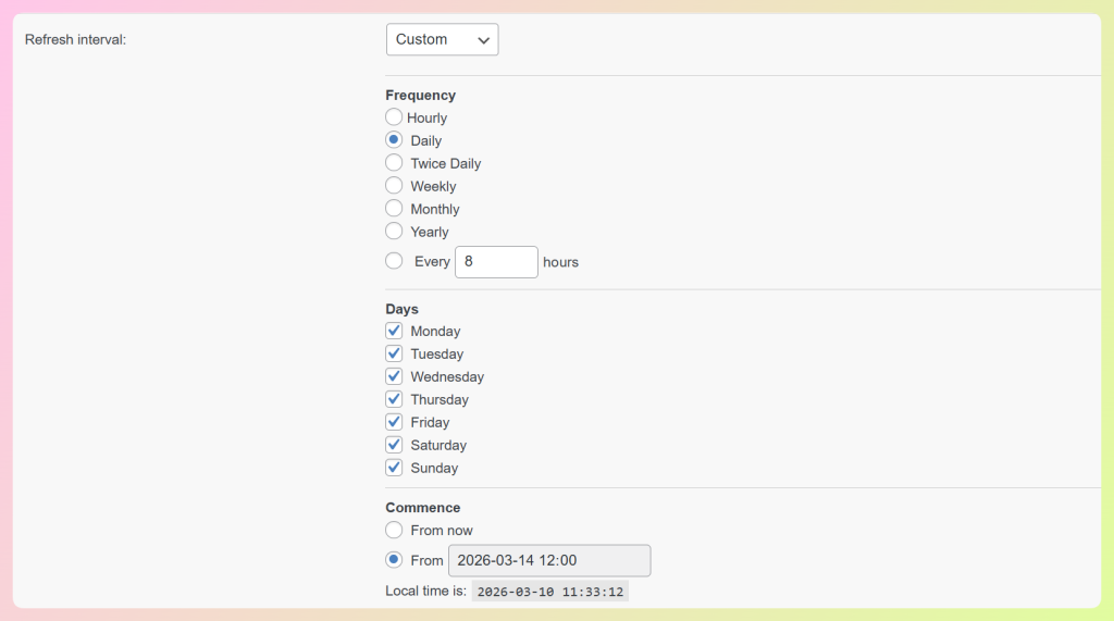 AdTribes Product Feed Elite custom refresh interval settings with options for hourly, daily, weekly, monthly, yearly, and every set number of hours
