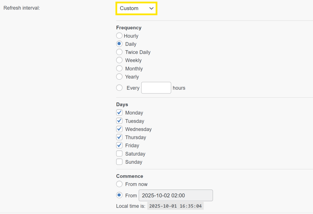 Example of a configured custom refresh interval with daily frequency, weekday-only updates, and a 2:00 AM start time 