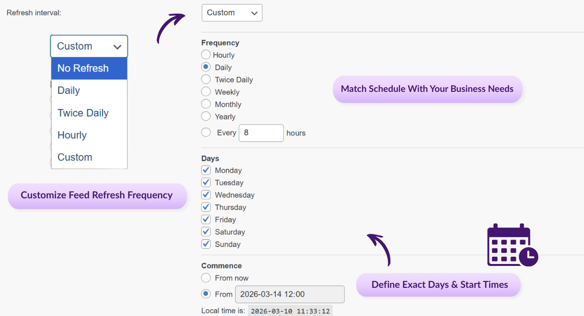 Screenshot of a product feed setup showing Google Shopping as the selected channel, with a dropdown listing many sales channels.