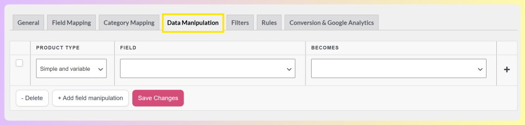The Data Manipulation tab, where Product Feed Elite users transform field values (click to zoom)