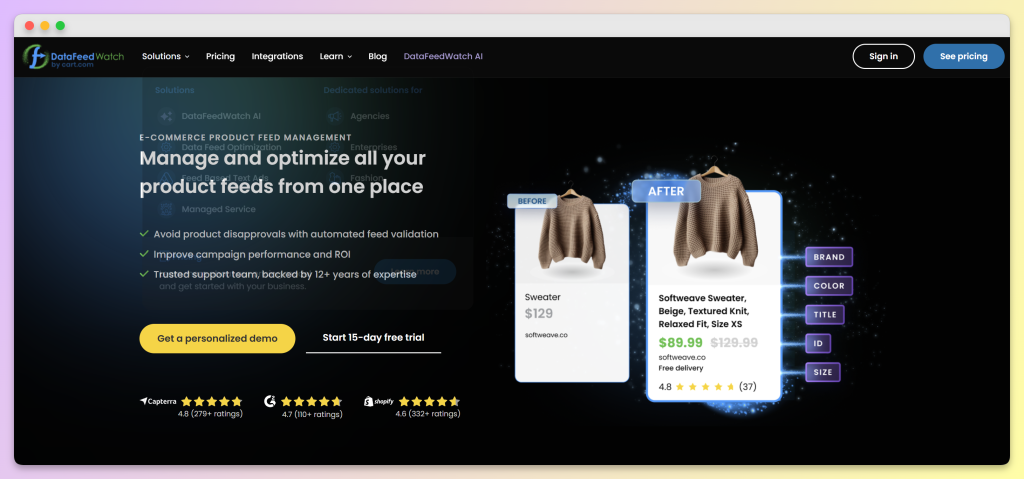 DataFeedWatch homepage showing product feed management and optimization messaging