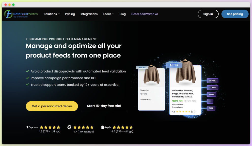 DataFeedWatch homepage showing product feed management hero section with feed validation messaging and a 15 day free trial CTA