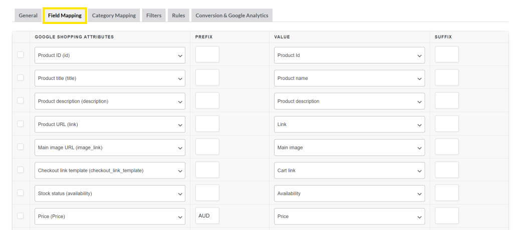 AdTribes plugin interface showing feed setup for Google Shopping and other Google-based channels