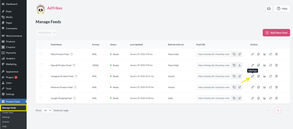 Product Feed plugin interface showing feed list and the Edit Feed button highlighted in yellow