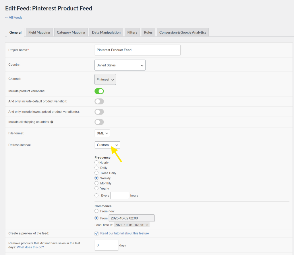 Edit Feed view in AdTribes with the custom refresh interval dropdown selected